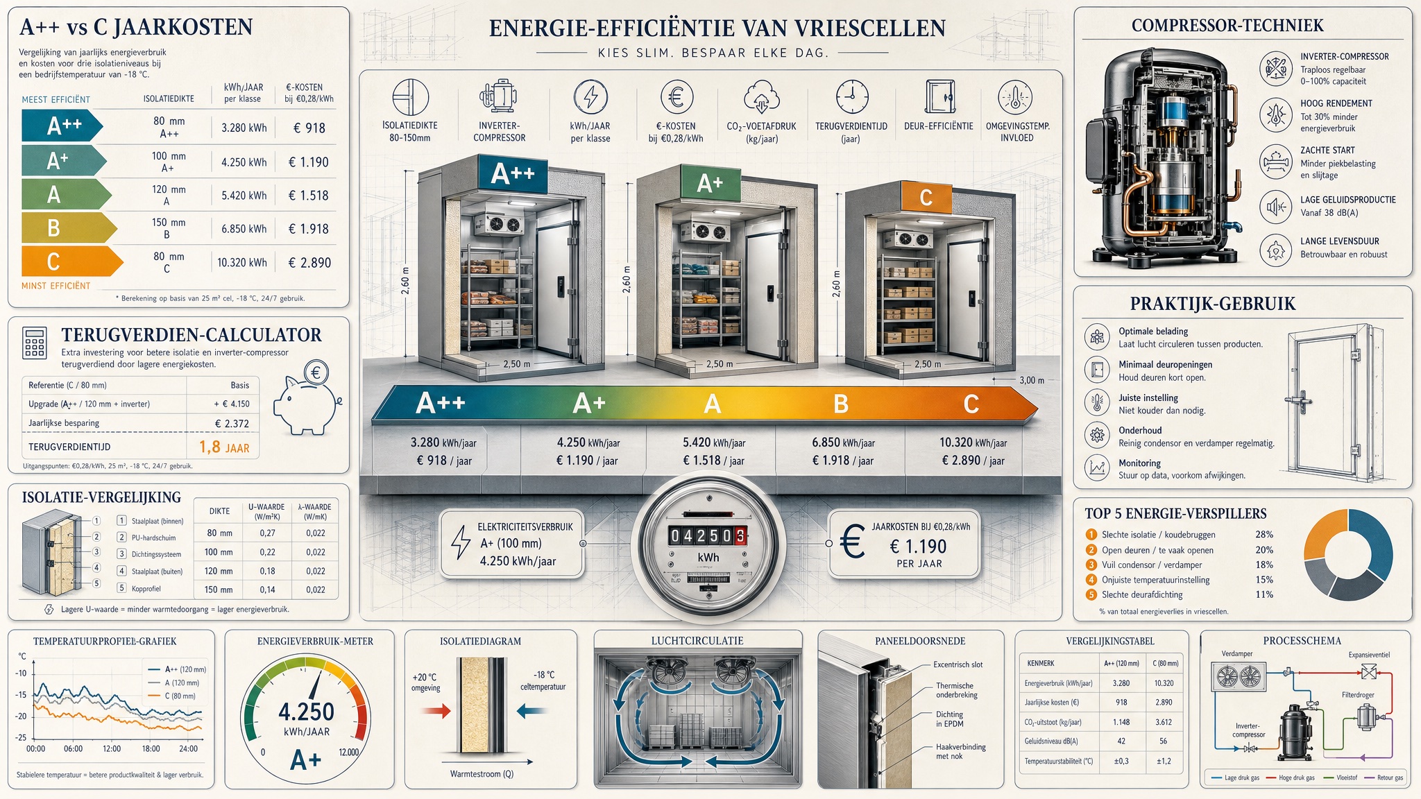 Energielabel A++ tot C vergelijking voor diepvriescellen