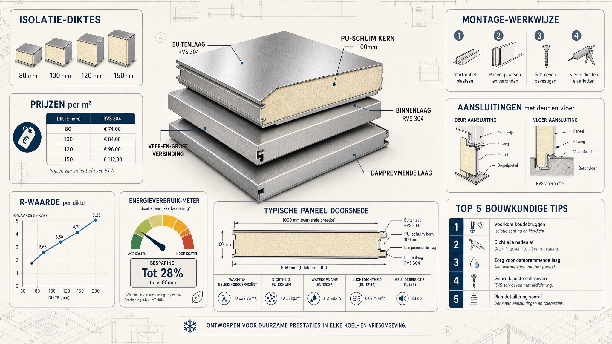 Modulaire isolatiepanelen voor koelcel — PU-schuim, RVS