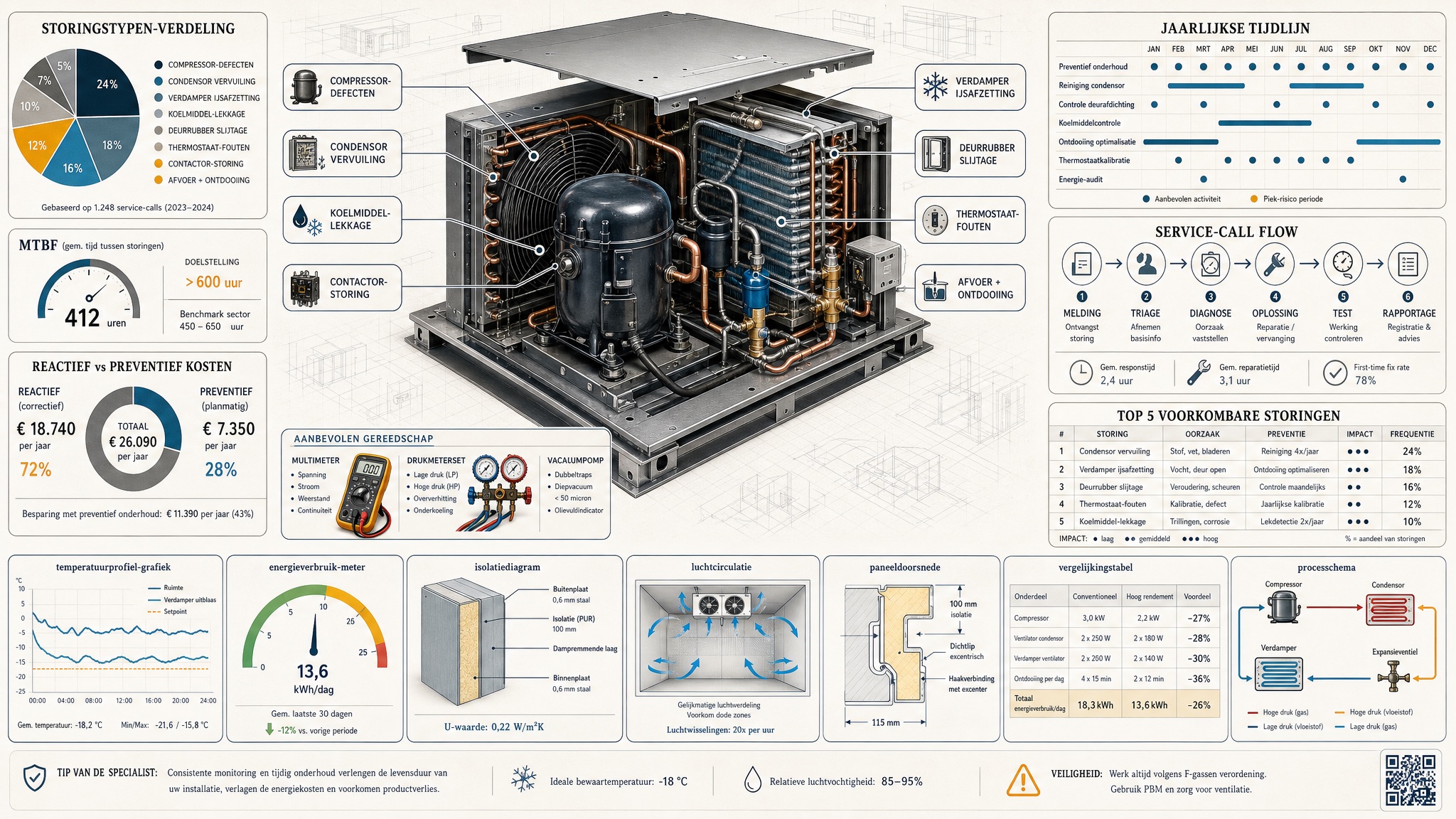 Exploded-view refrigeration motor met storingsanalyse