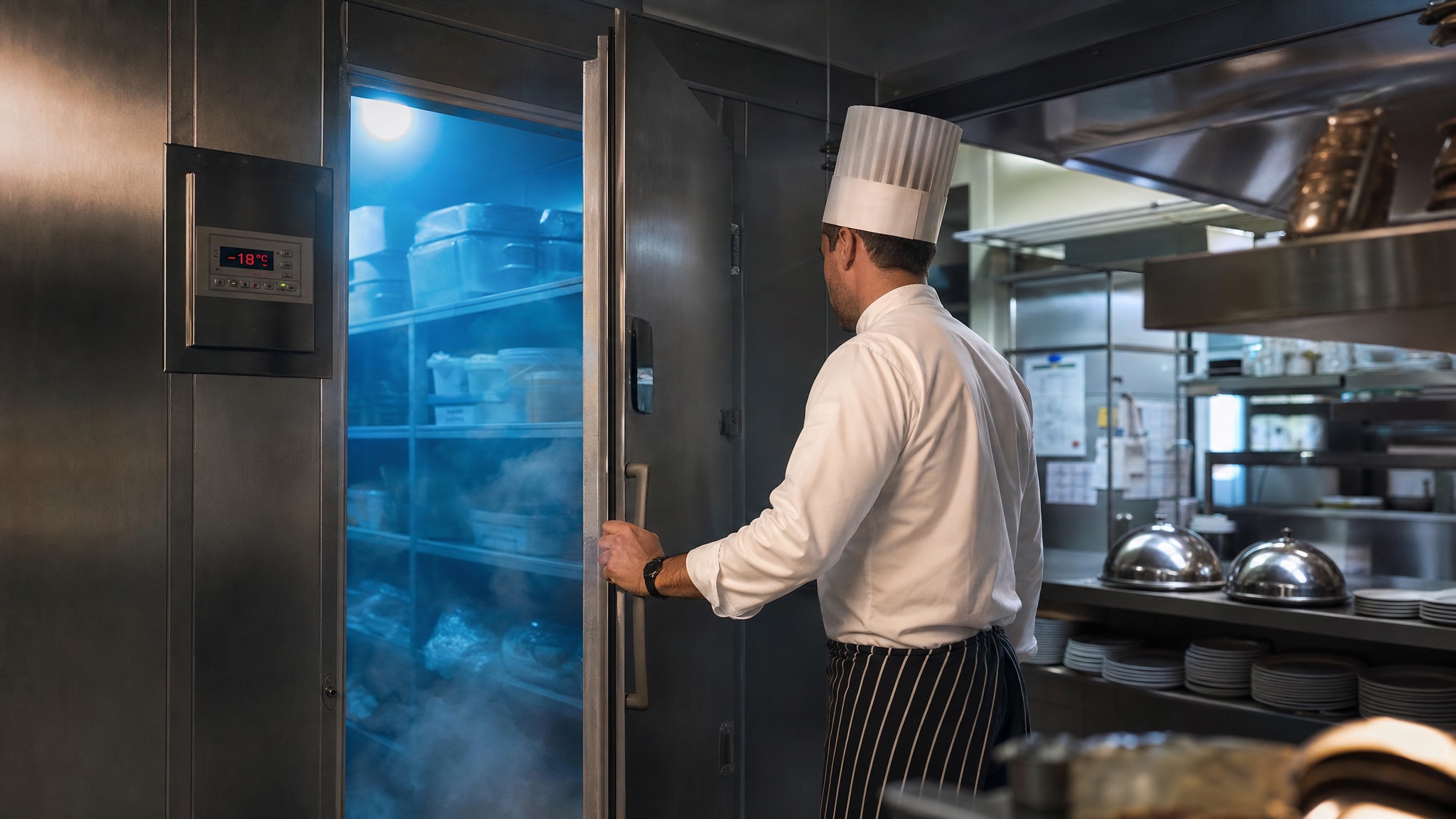 Chef opent industriële diepvriescel in restaurant keuken