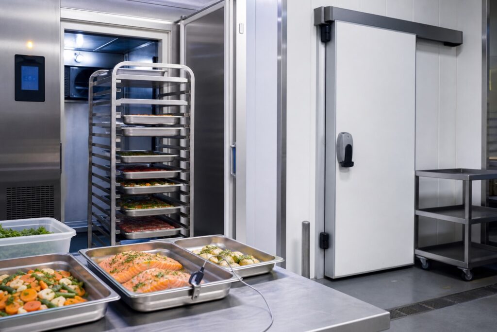 RVS trays met bereide producten bij een snelvriescel naast een normale diepvriescel voor opslag.