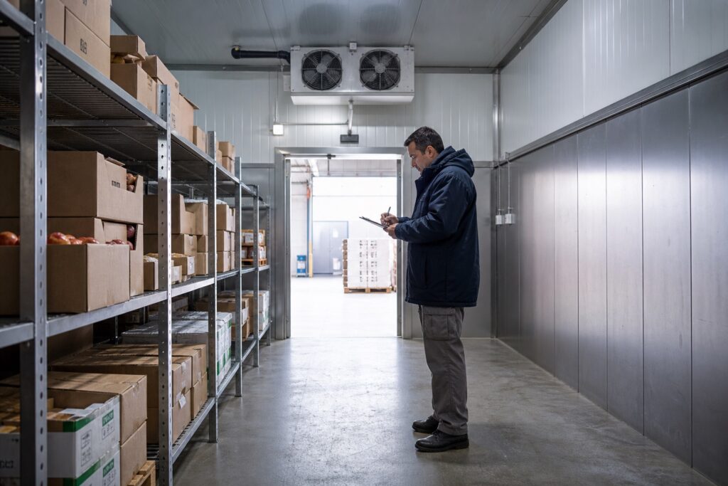Interieur van een professionele walk-in koelcel met RVS-wanden, isolatiepanelen en gestapelde voorraad; medewerker controleert de stock.