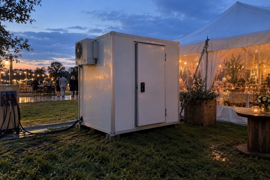 Mobiele koelcel naast een feesttent op een evenemententerrein bij schemering