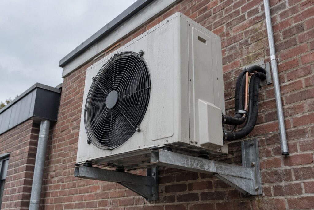 Koelmotor met ventilator op een muurconsole tegen een bakstenen gevel