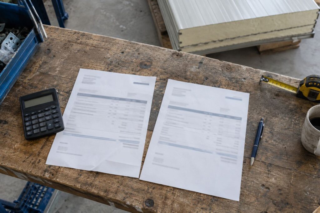 Twee offertes naast elkaar op een werktafel met rekenmachine en rolmaat