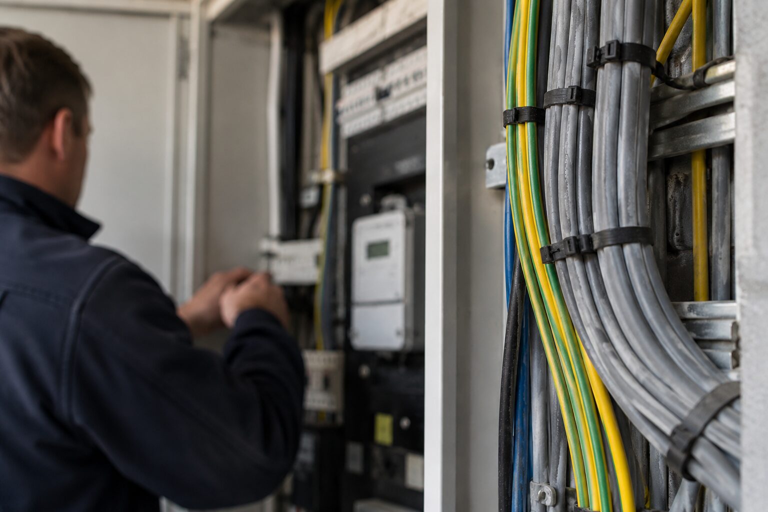 Illustratie van een bedrijfsmeterkast met kabels en een kWh-meter