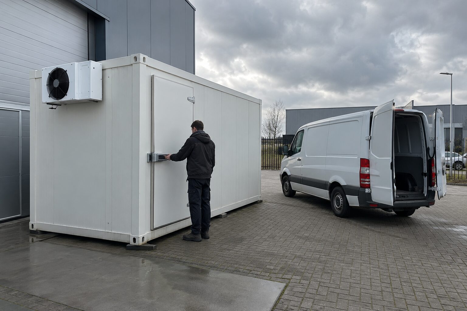 Illustratie van een koelcontainer naast een bestelbus op een bedrijventerrein