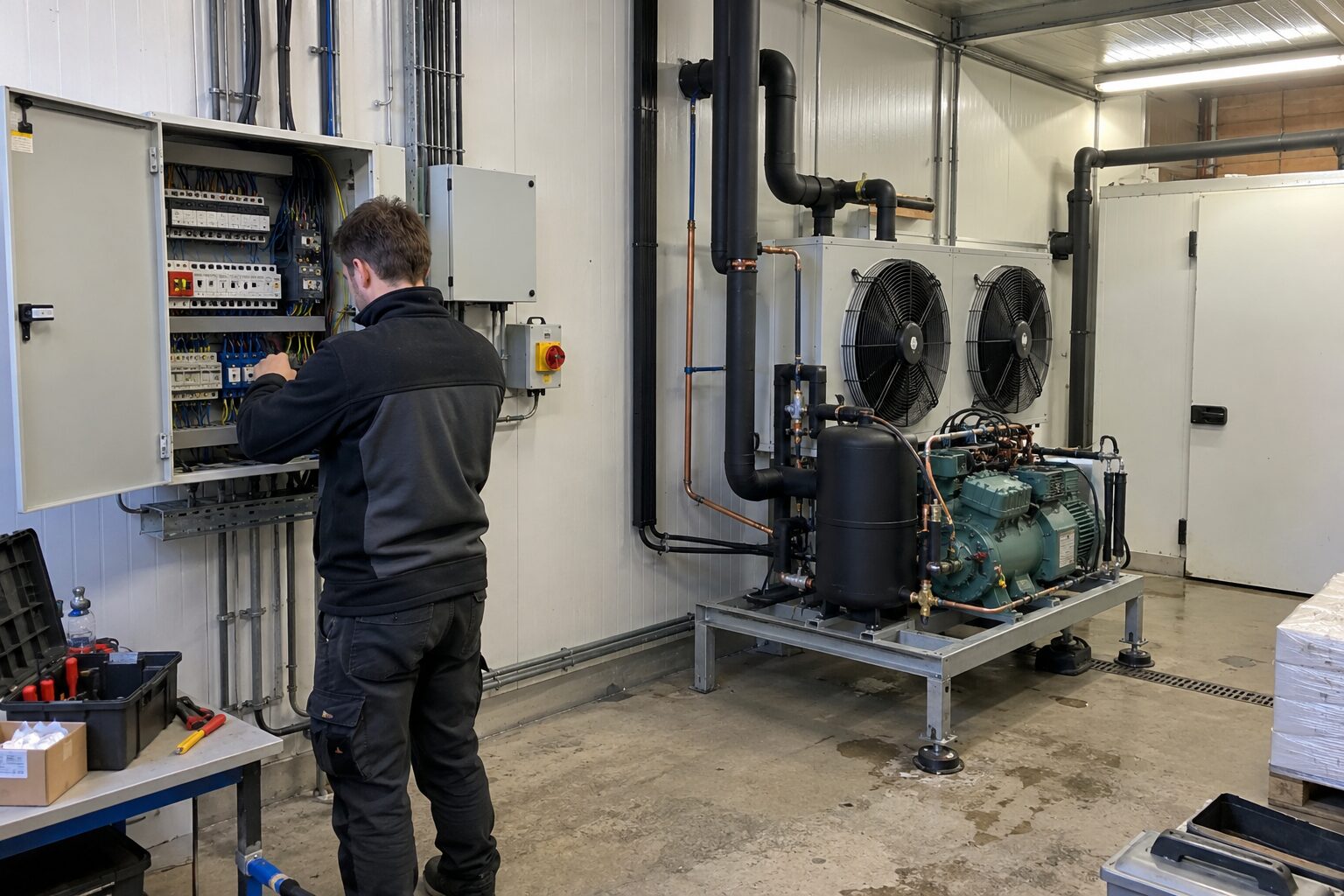 Illustratie van een elektrische installatie naast een koelunit in een technische ruimte