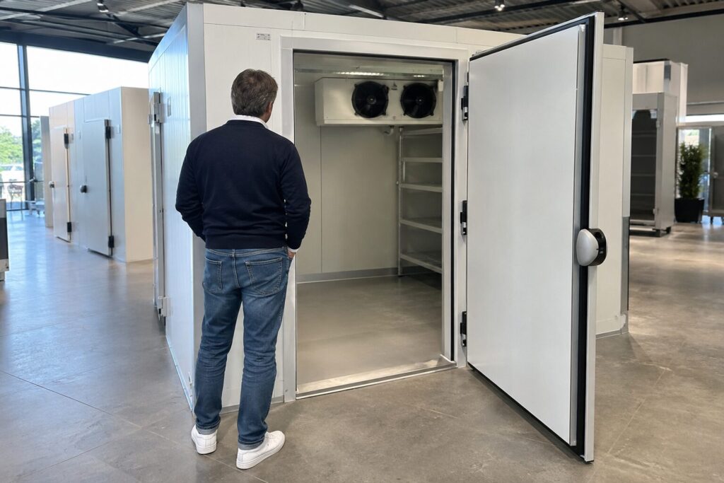 Illustratie van een horecaondernemer bij een vriescel in een showroom