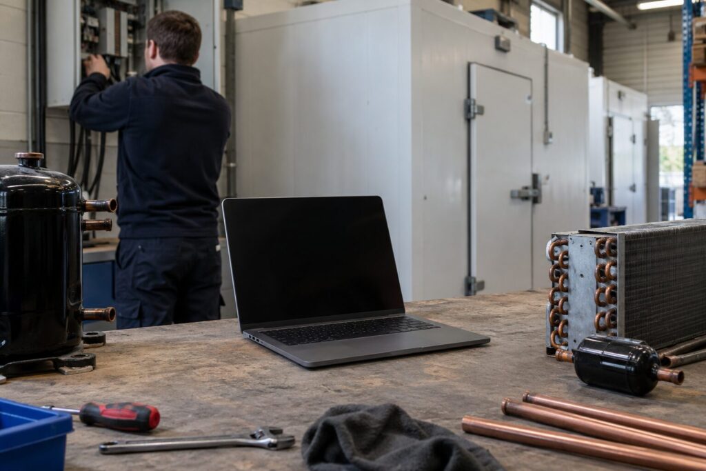 Illustratie van een werkbank met koelonderdelen en een laptop