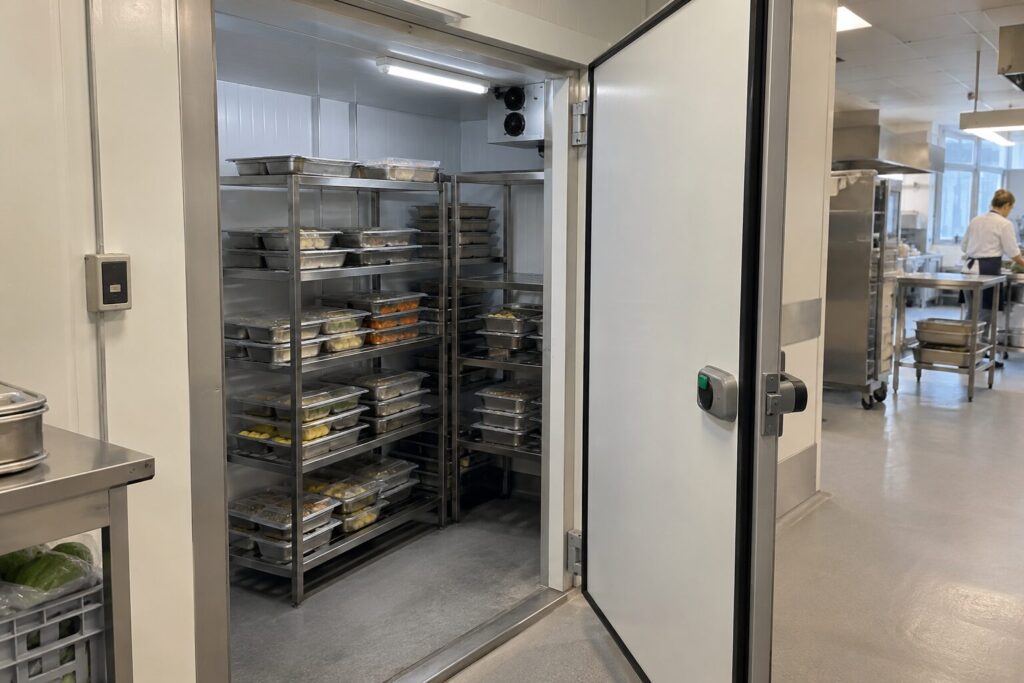 Illustratie van maaltijdbakjes op stellingen in een koelcel van een zorgkeuken